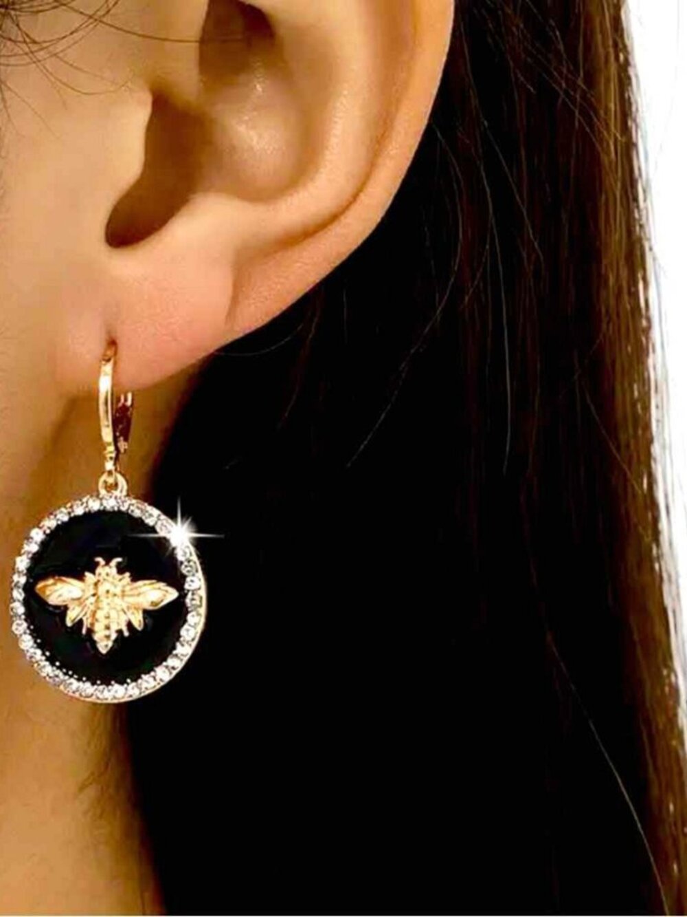 Gold Bee Medallion Dangle Earrings Black Enamel Crystal Border